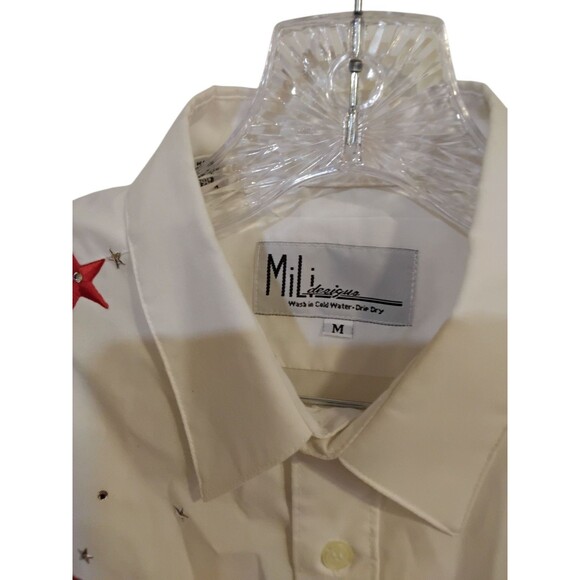 Mili Designs Women's Medium Patriotic American White Long Sleeve Button Shirt - Picture 5 of 11